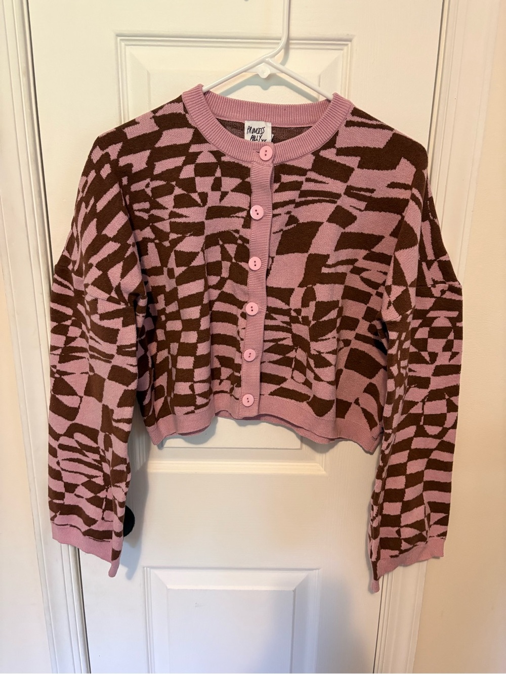 Princess Polly Pink & Brown Graphic Cropped Cardigan - Size US 4